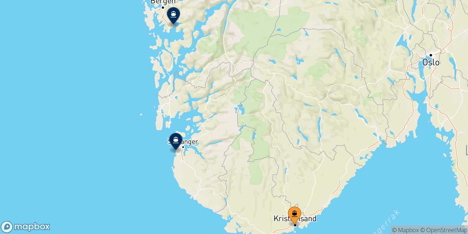 Carte des destinations de Kristiansand
