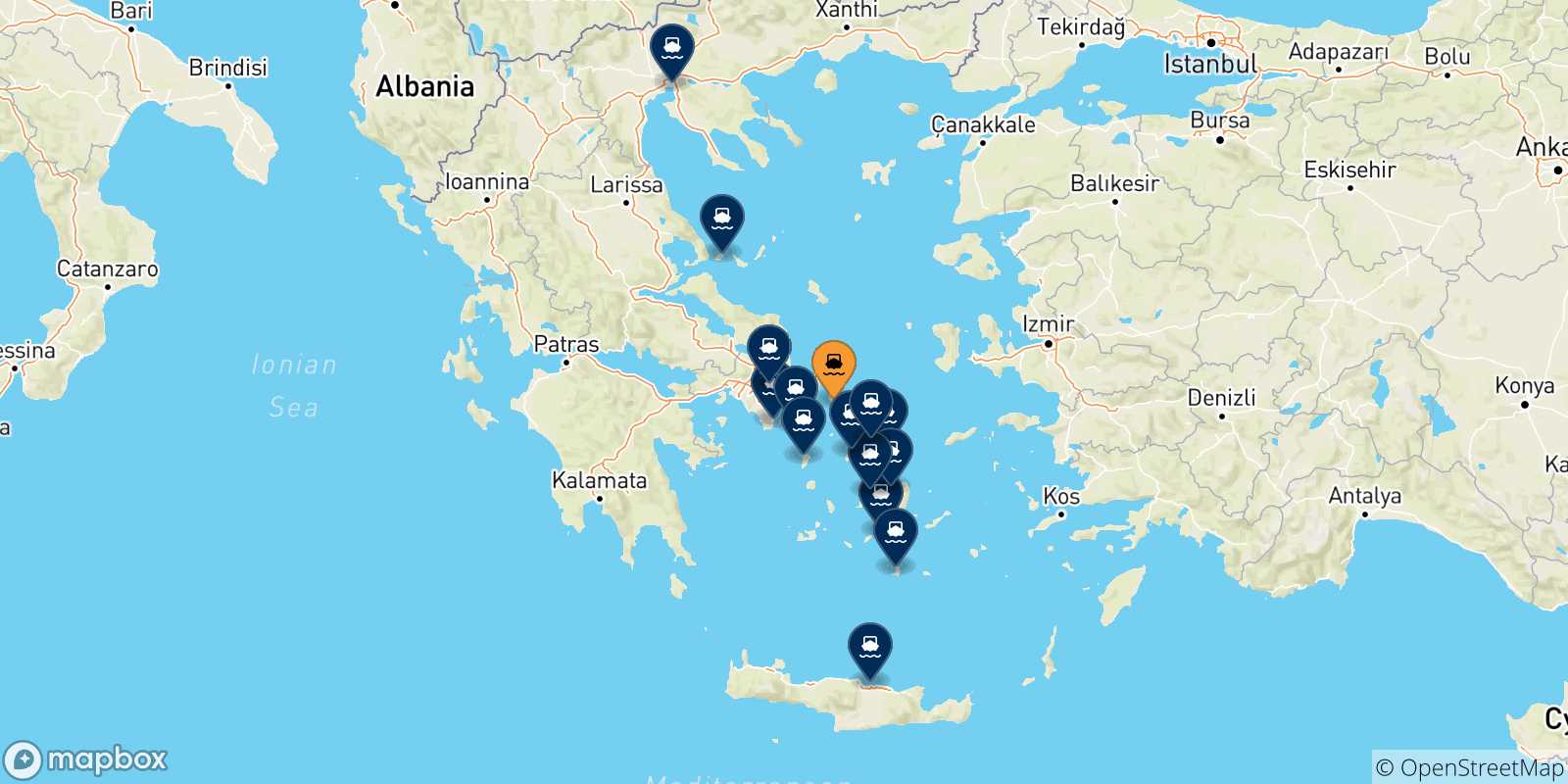 Carte des traversées possibles entre Andros et la Grèce