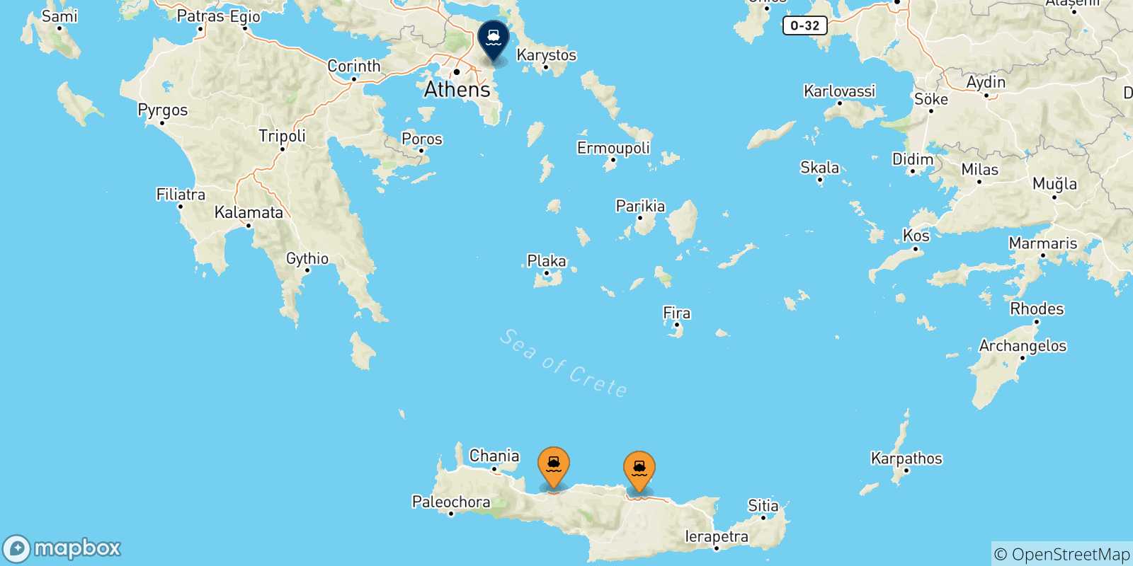 Carte des traversées possibles entre la Crète et Rafina