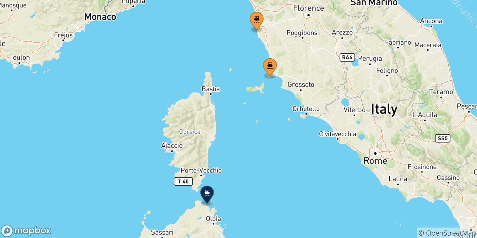 Carte des traversées possibles entre l'Italie et Golfo Aranci