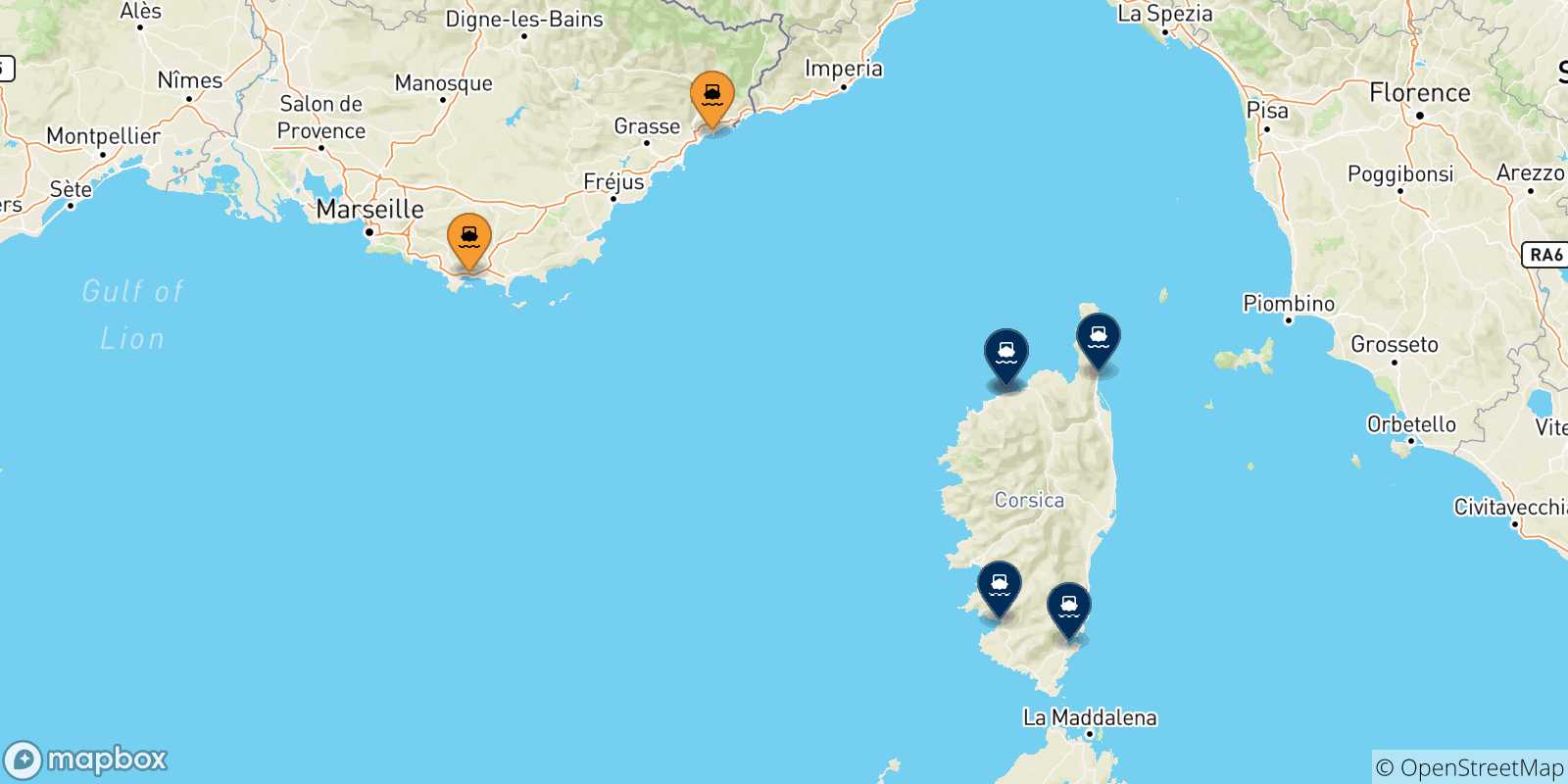 Carte des traversées possibles entre la France et la Corse