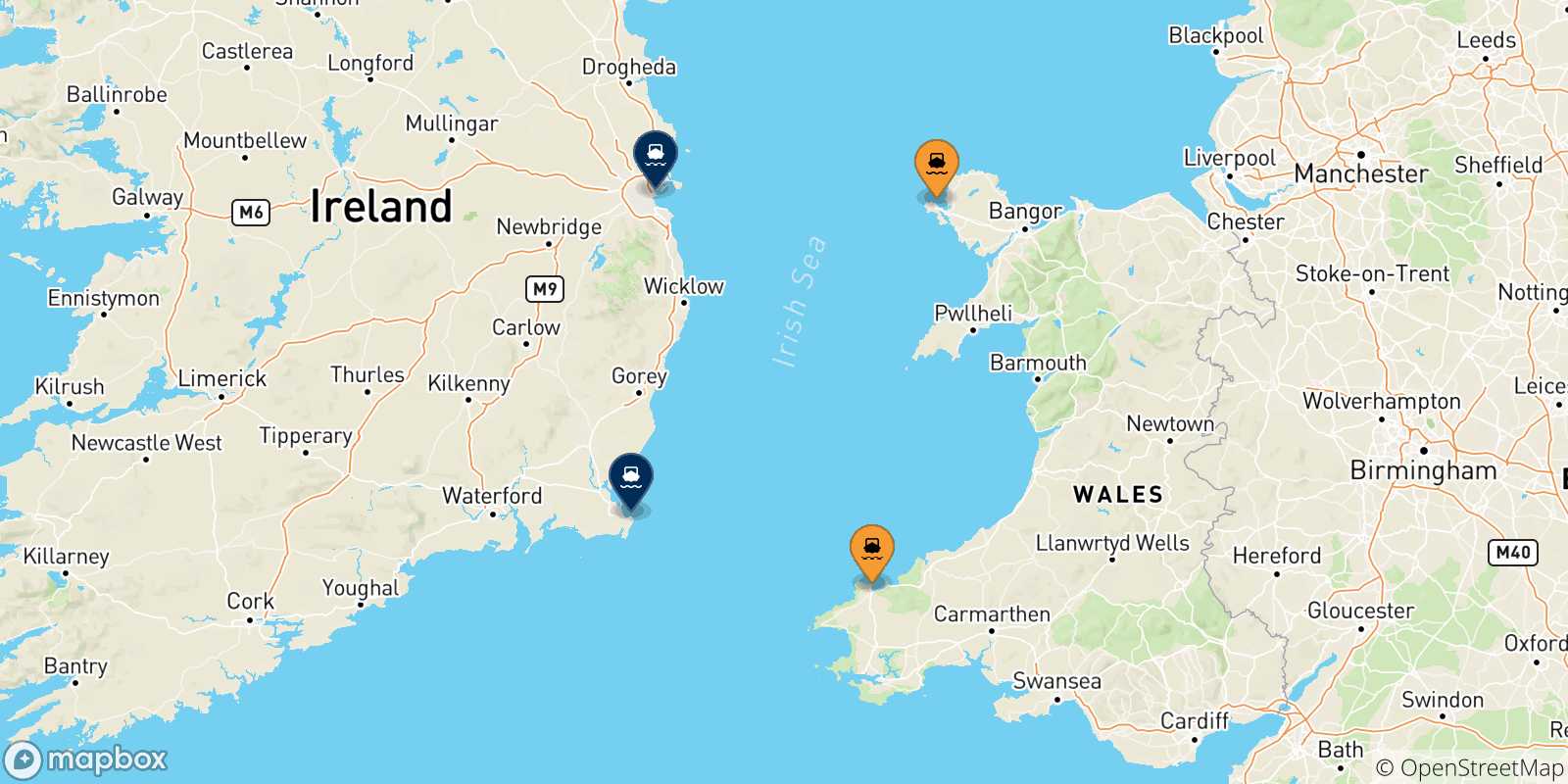 Carte des traversées possibles entre le Royaume-uni et Irlande