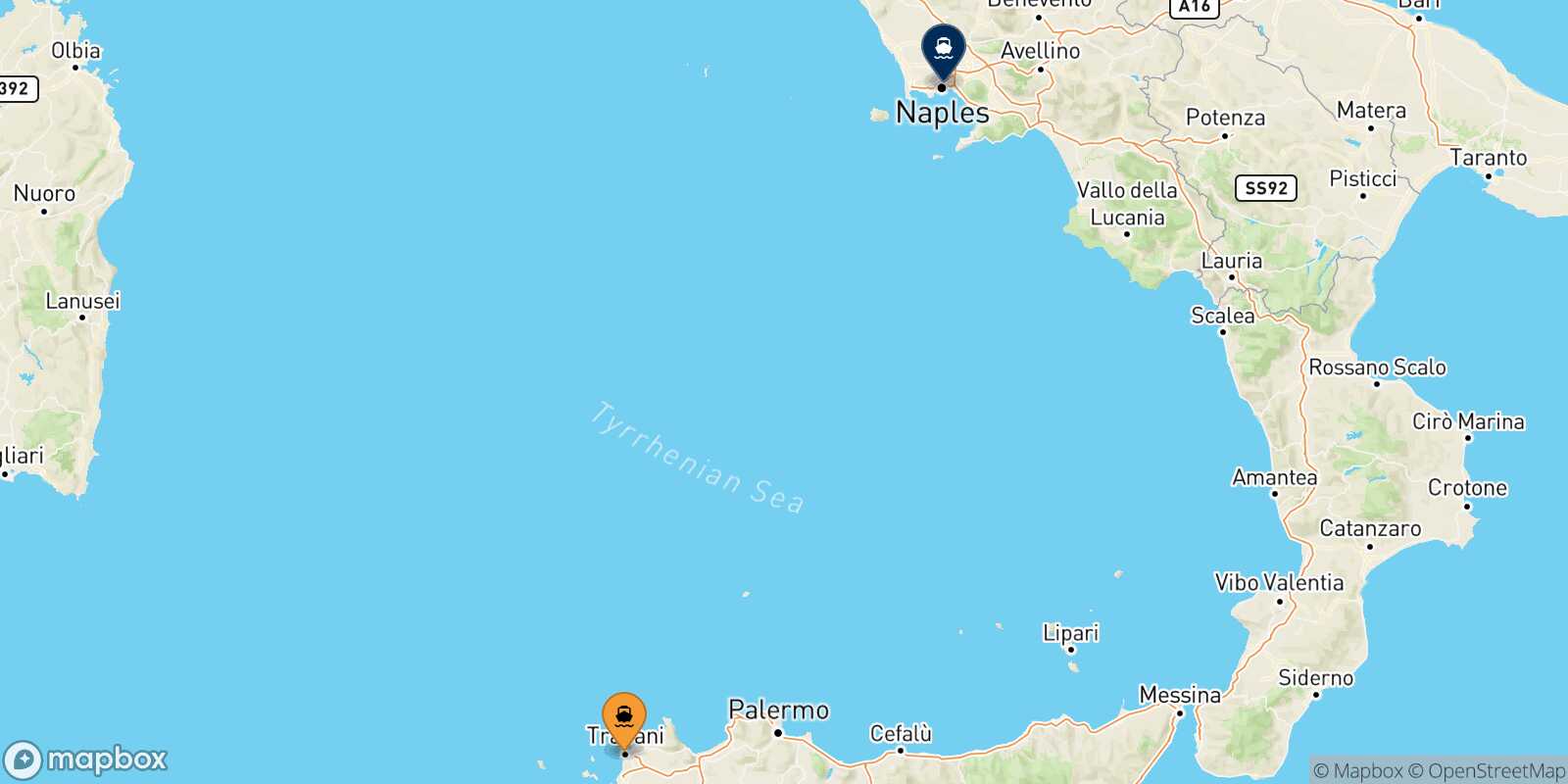 Carte des traverséesTrapani Naples