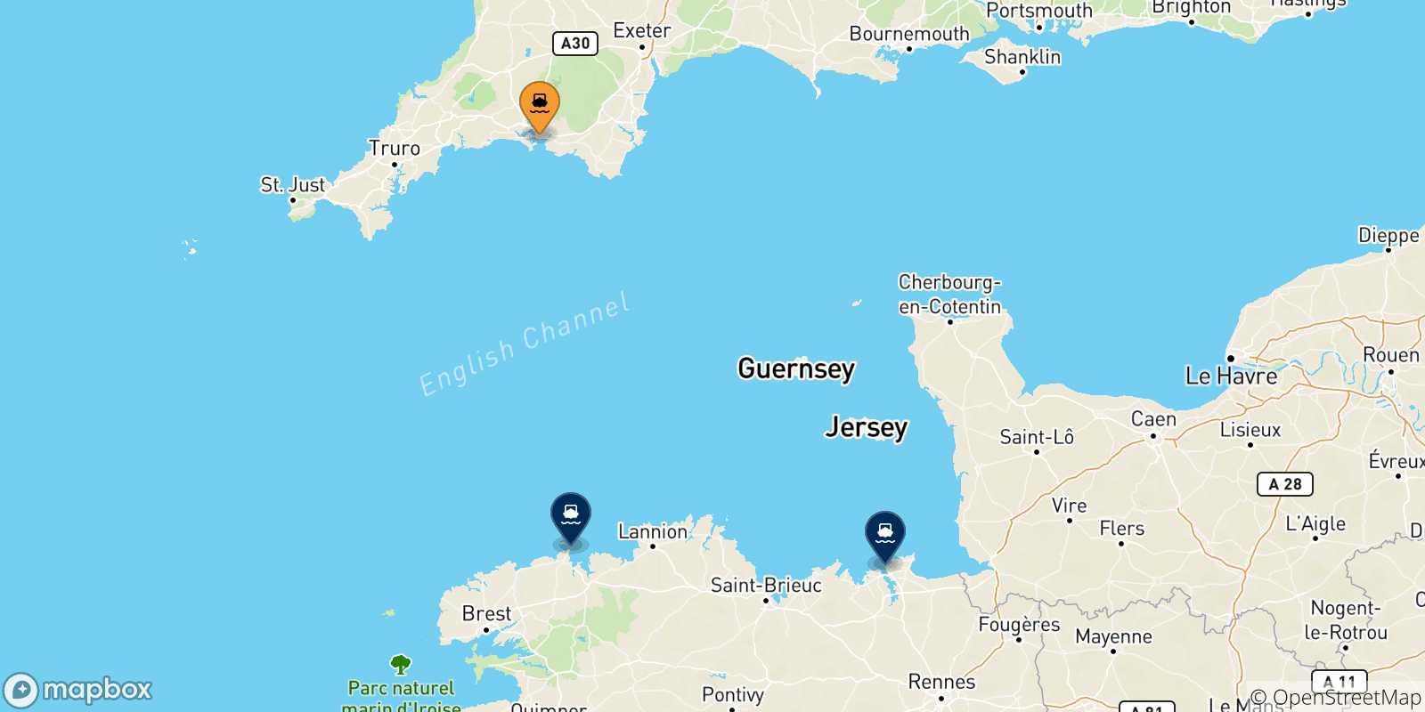 Carte des traversées possibles entre Plymouth et la France