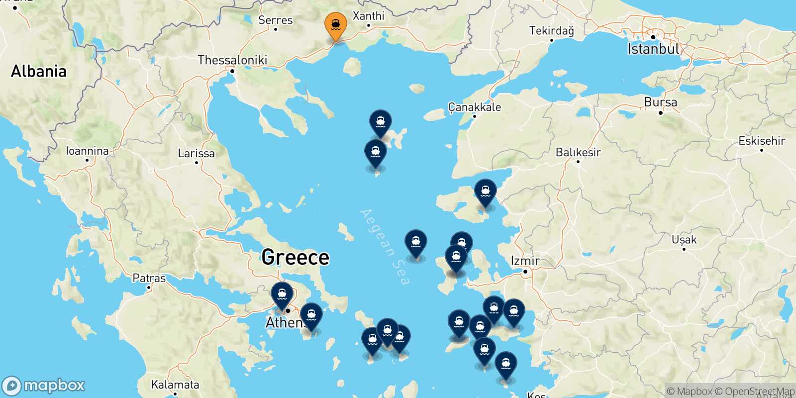 Carte des destinations de Kavala