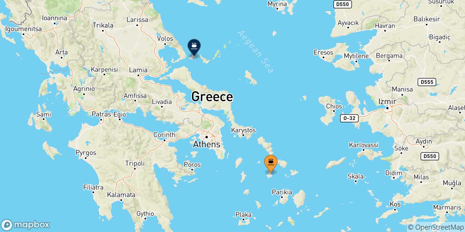 Carte des traversées possibles entre Syros et les Îles Sporades