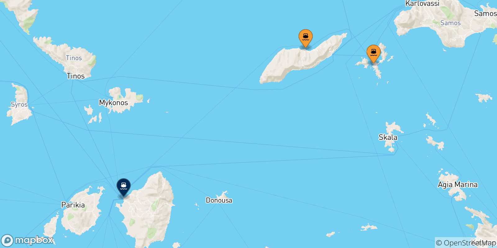 Carte des traversées possibles entre les Îles Égéennes et Naxos