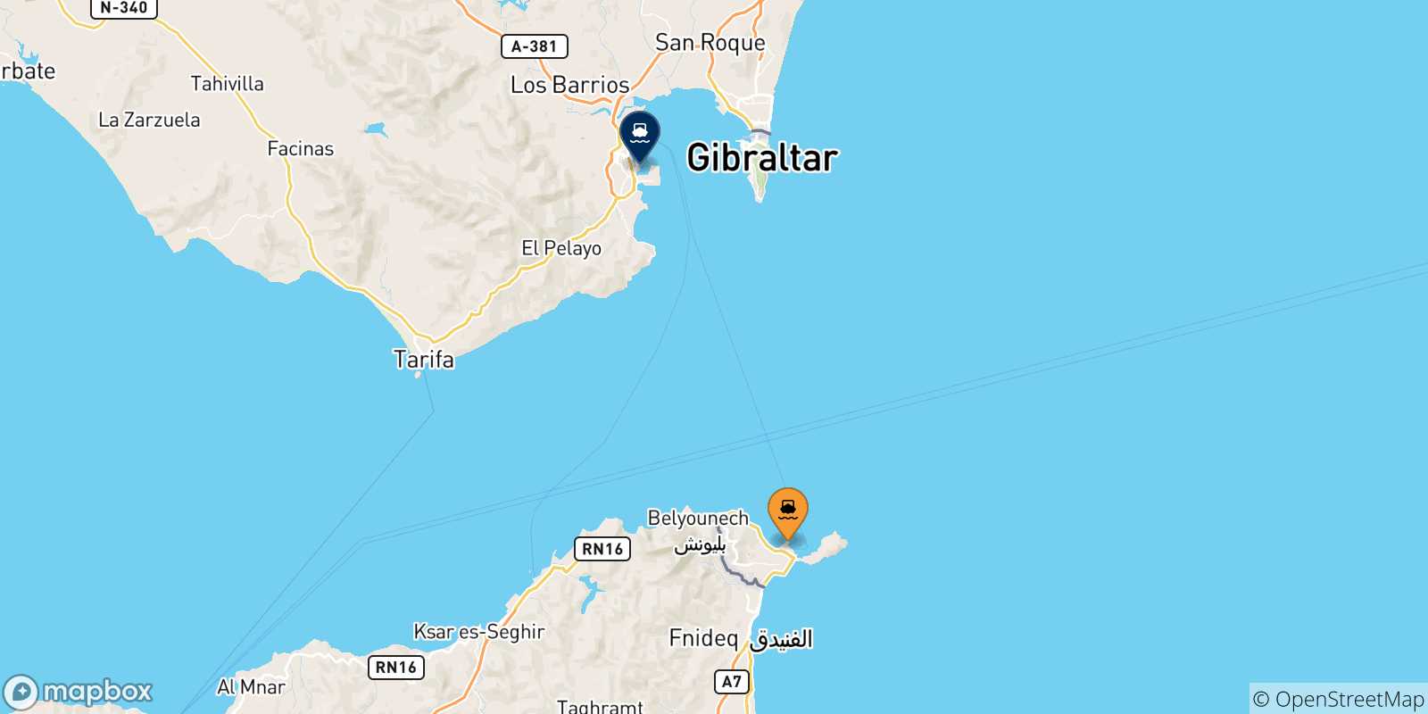 Carte des traversées possibles entre l'Espagne et Algésiras