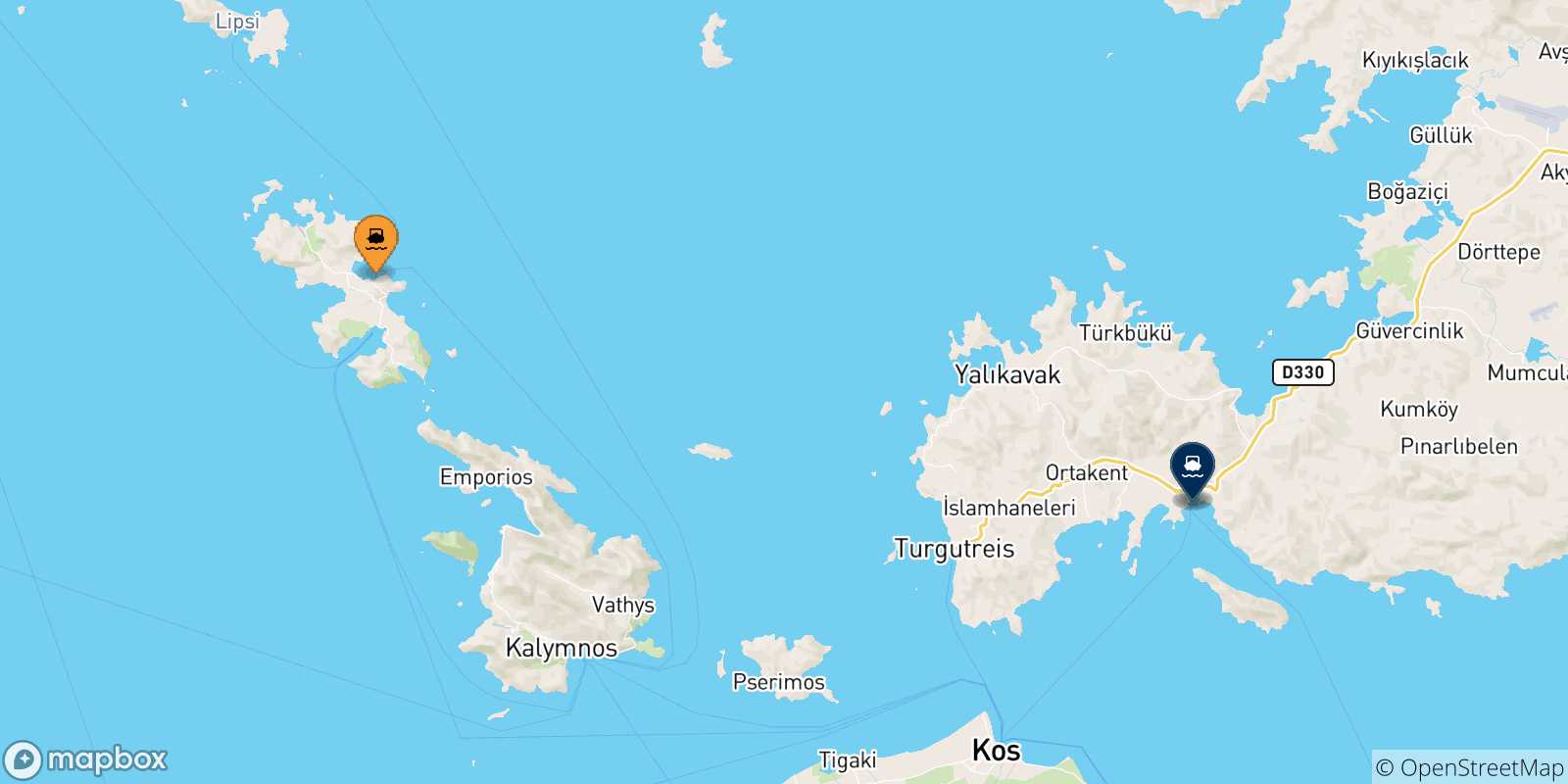 Carte des traversées possibles entre Leros et la Turquie