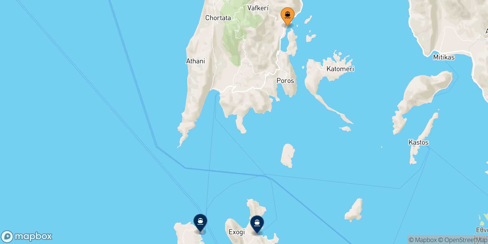 Carte des destinations de Nydri (Lefkada)