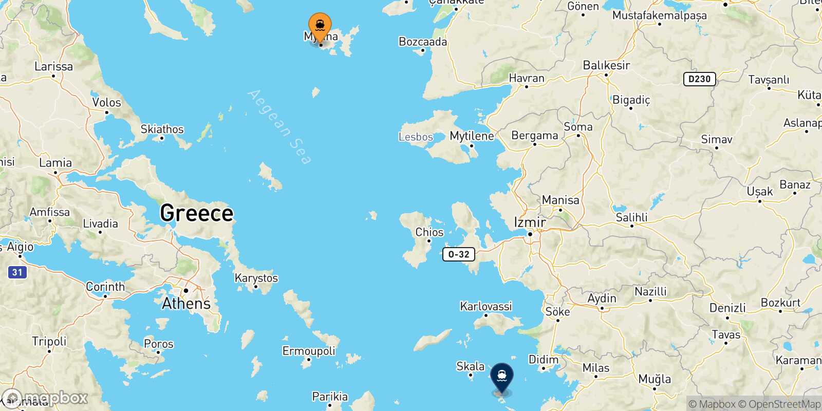 Carte des traverséesMyrina (Limnos) Leros