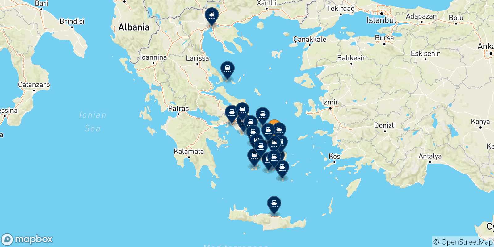 Carte des traversées possibles entre Tinos et la Grèce