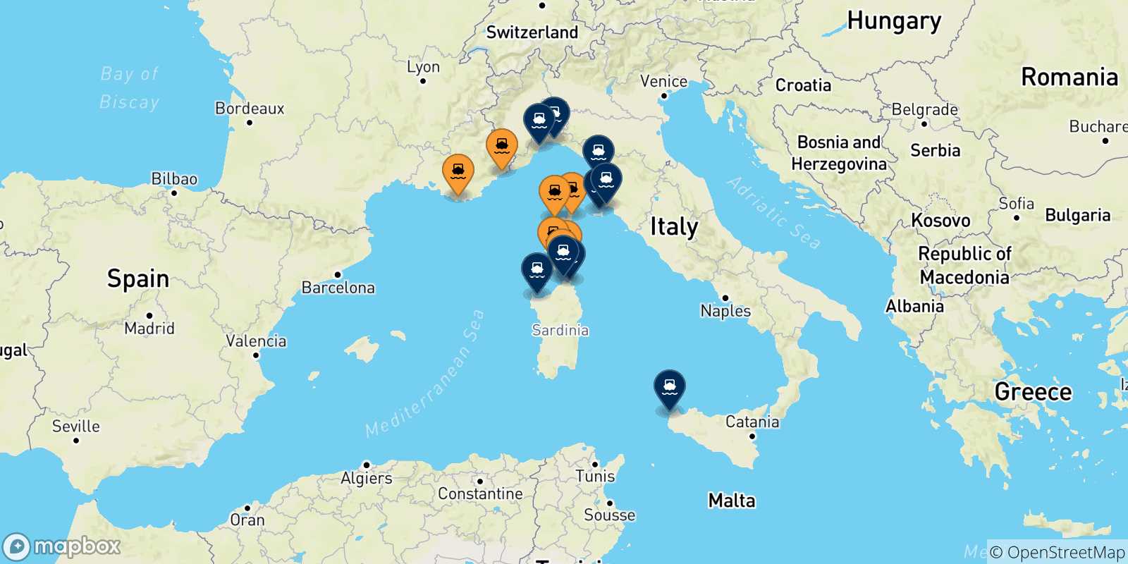 Carte des traversées possibles entre la France et l'Italie
