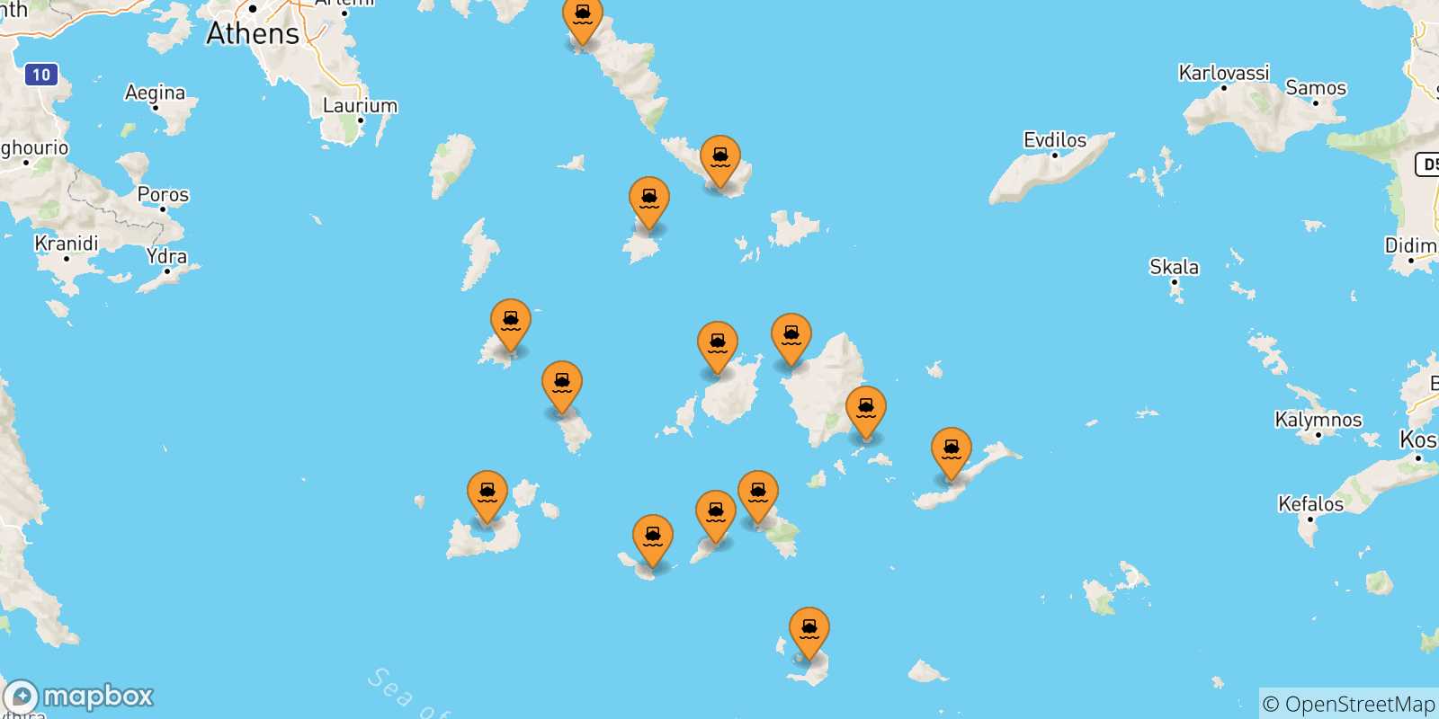 Carte des traversées possibles entre Îles Des Cyclades et Mykonos