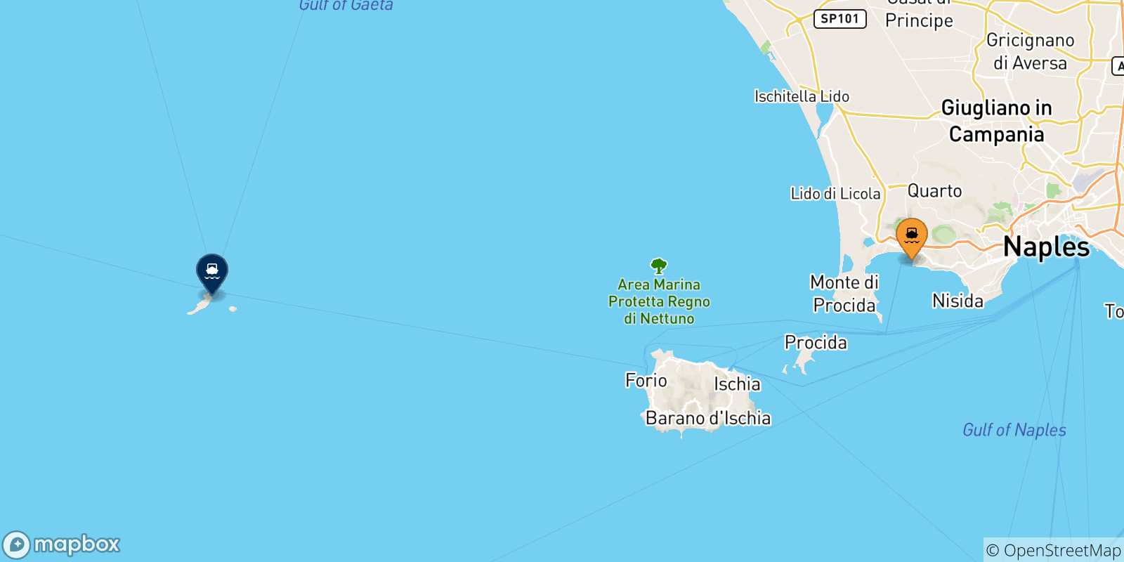 Carte des traversées possibles entre le Golf De Naples et Ventotene