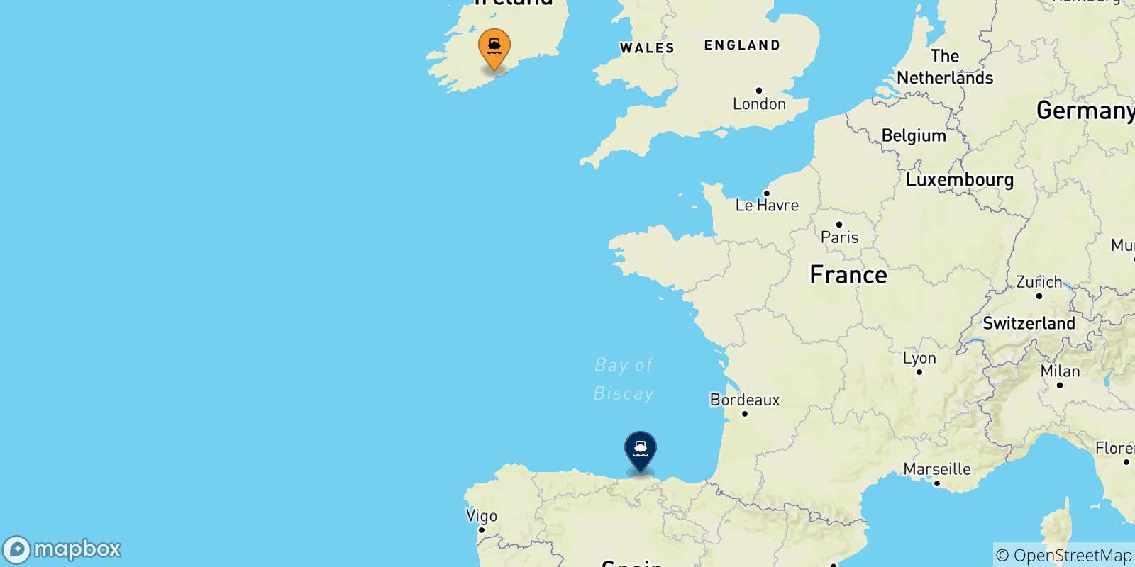 Carte des traversées possibles entre Irlande et Santander