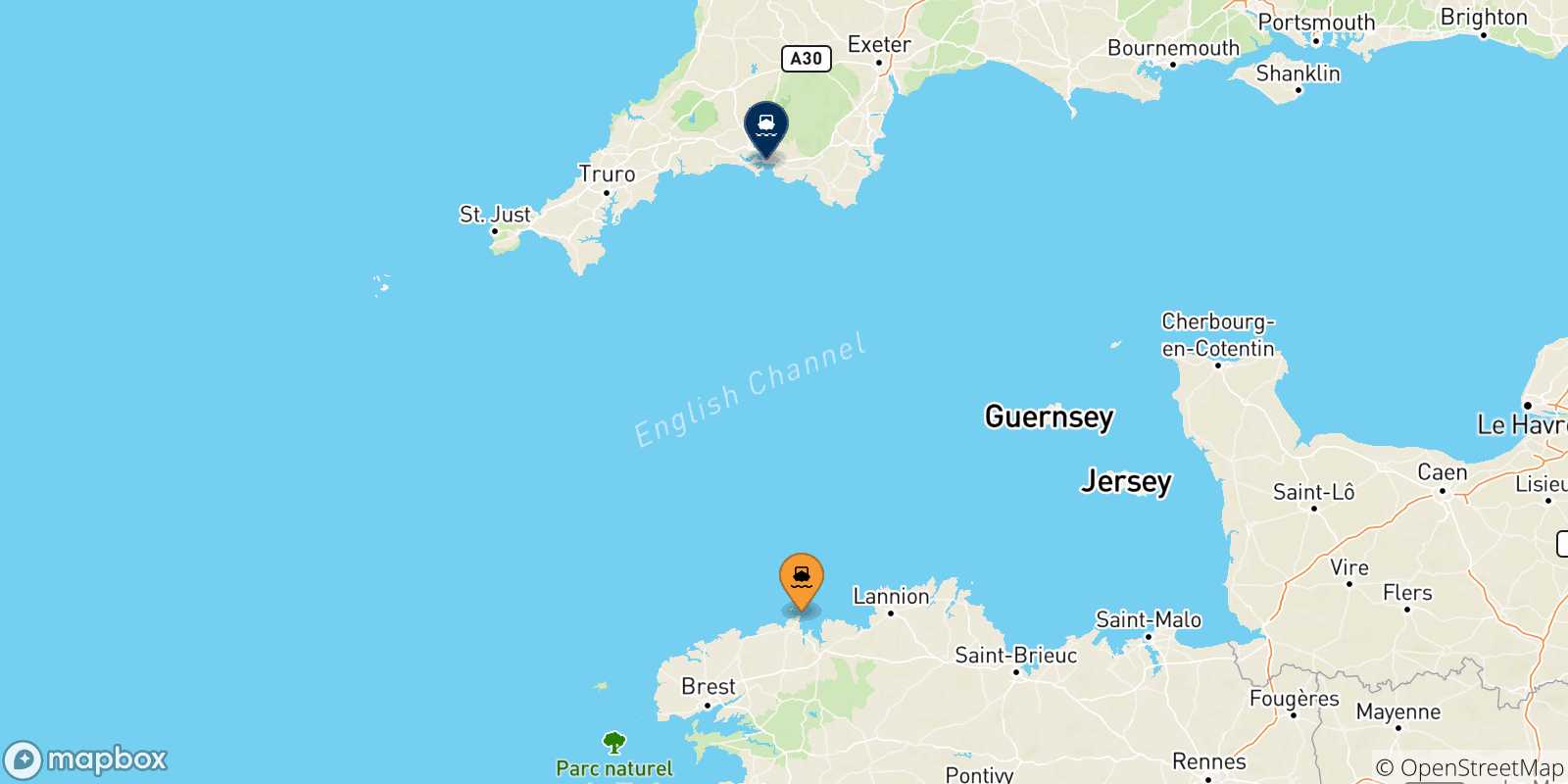 Carte des traversées possibles entre Roscoff et l'Angleterre