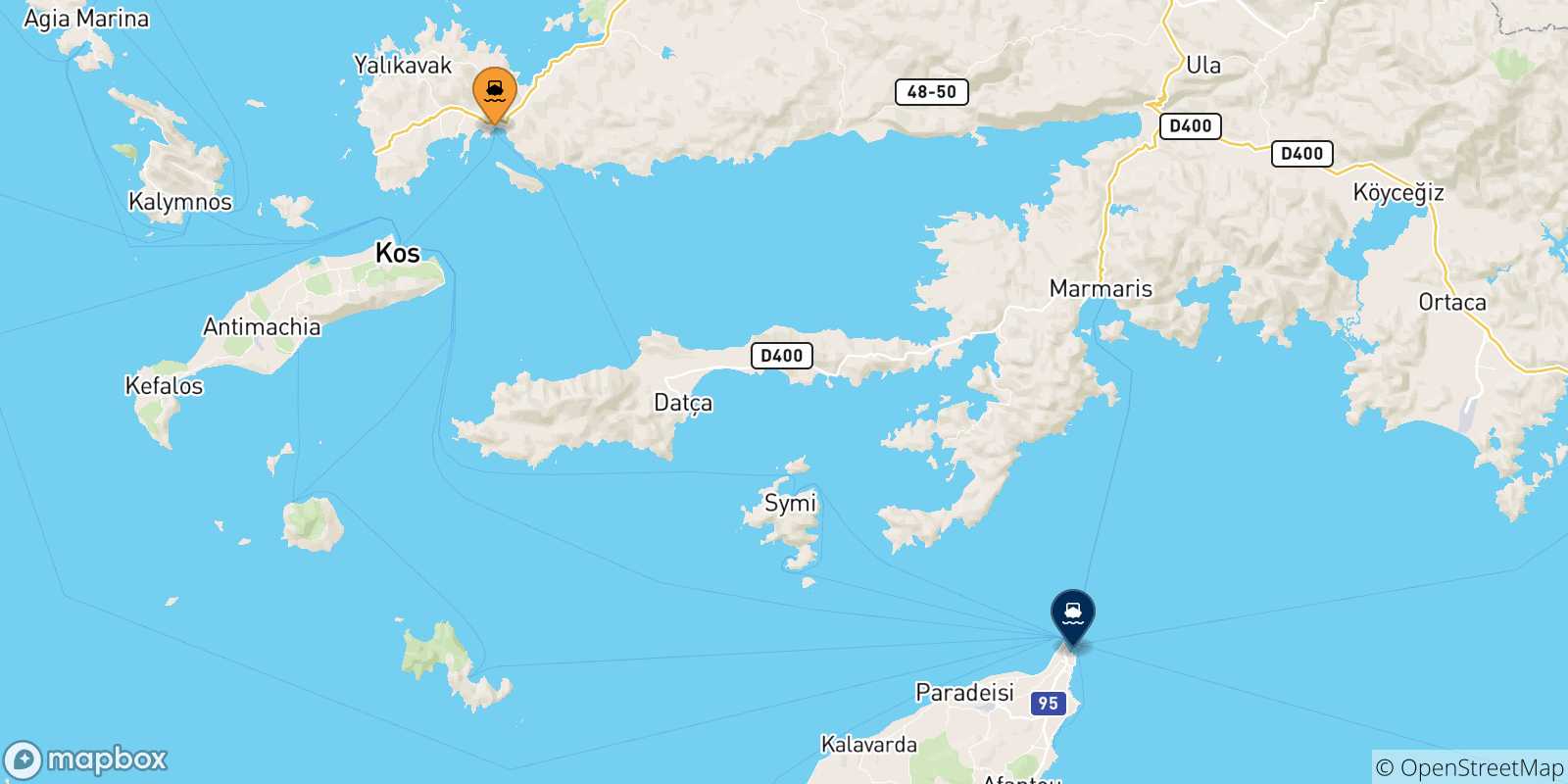 Carte des traversées possibles entre la Turquie et Rhodes