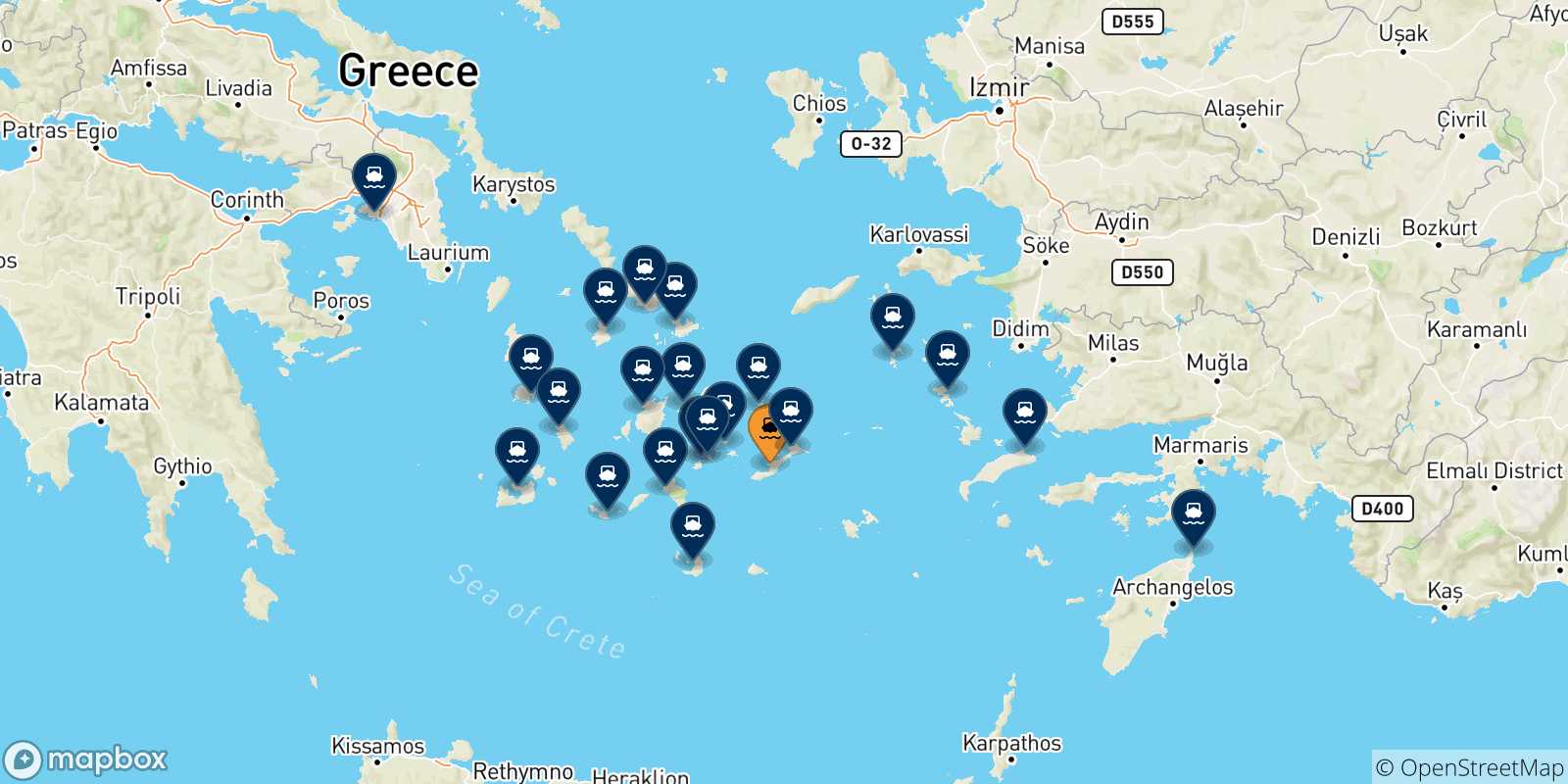 Carte des traversées possibles entre Katapola (Amorgos) et la Grèce
