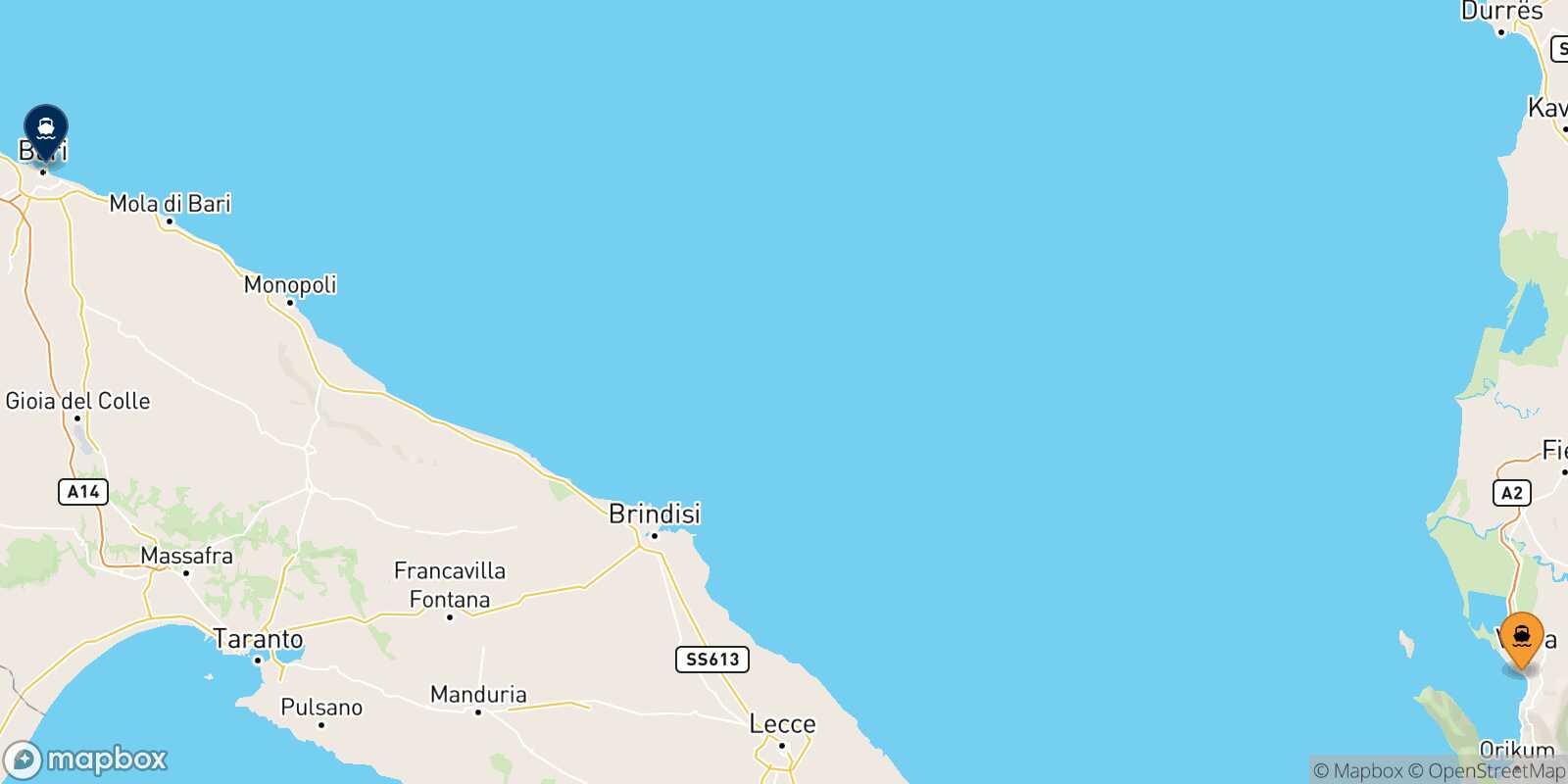 Carte des traverséesVlore Bari