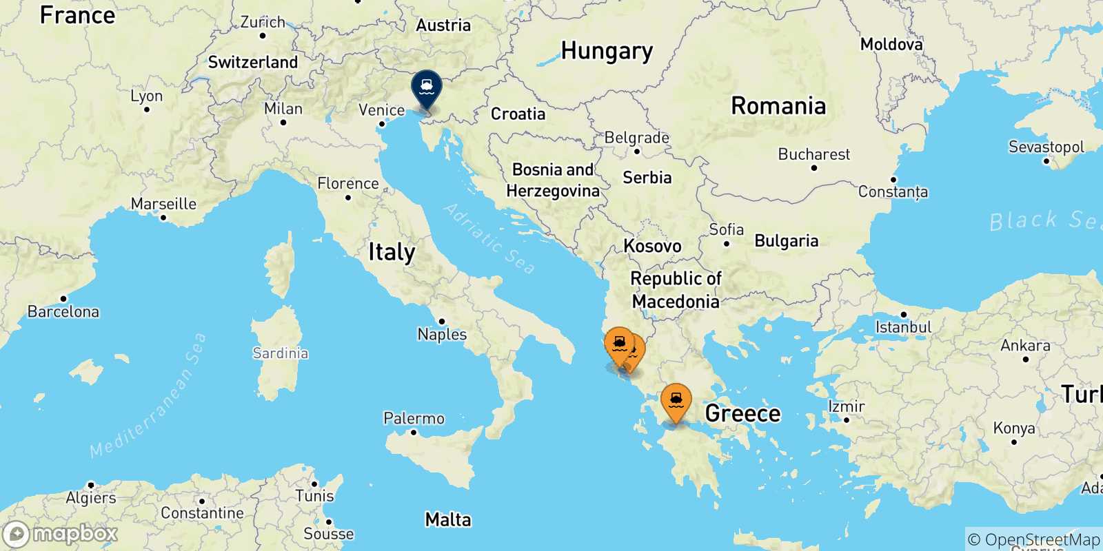 Carte des traversées possibles entre la Grèce et Trieste