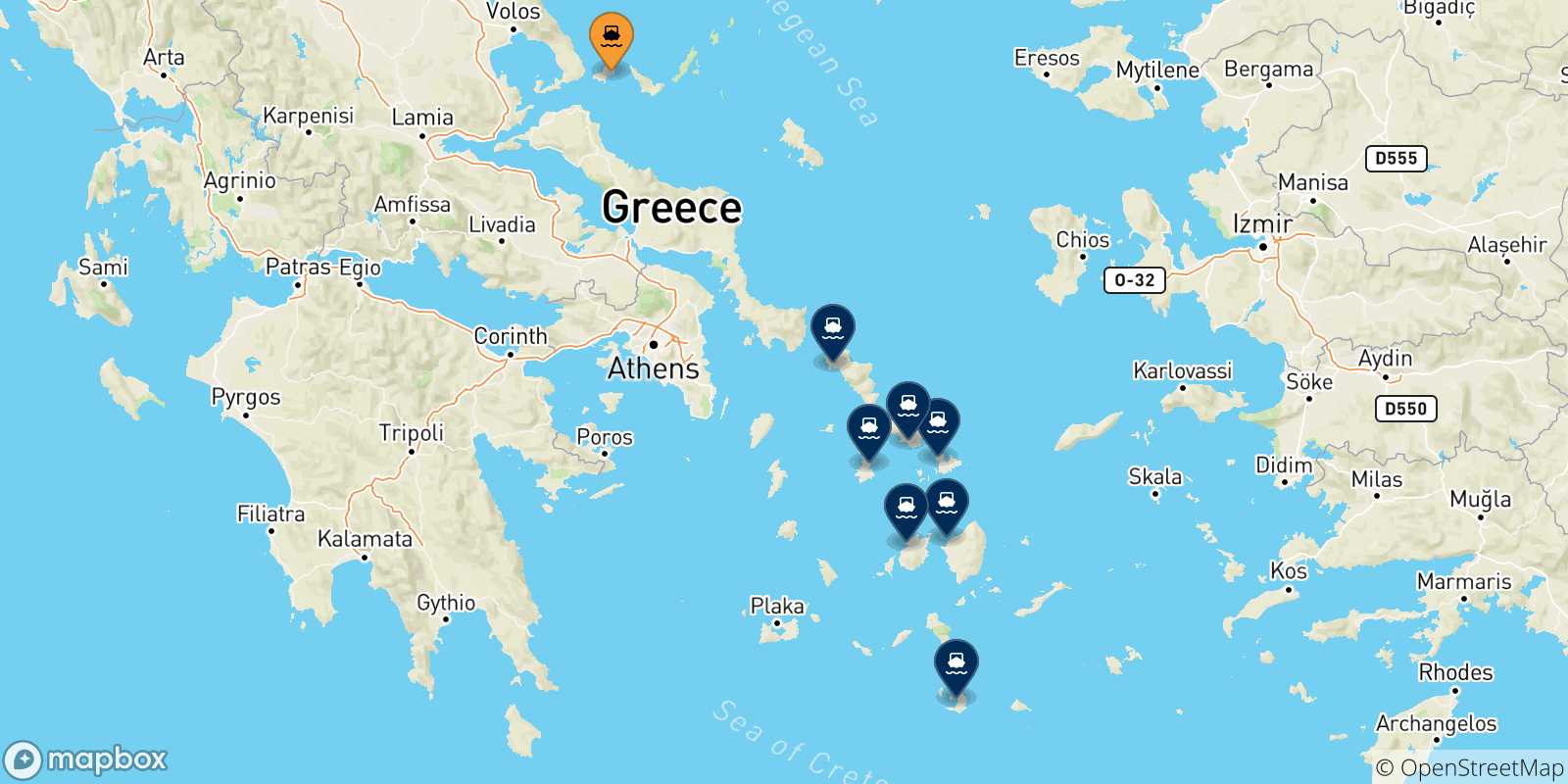 Carte des traversées possibles entre les Îles Sporades et Îles Des Cyclades