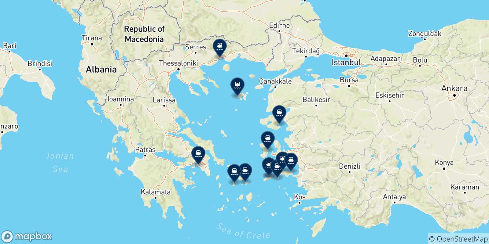 Carte des traversées possibles entre Evdilos (Ikaria) et la Grèce