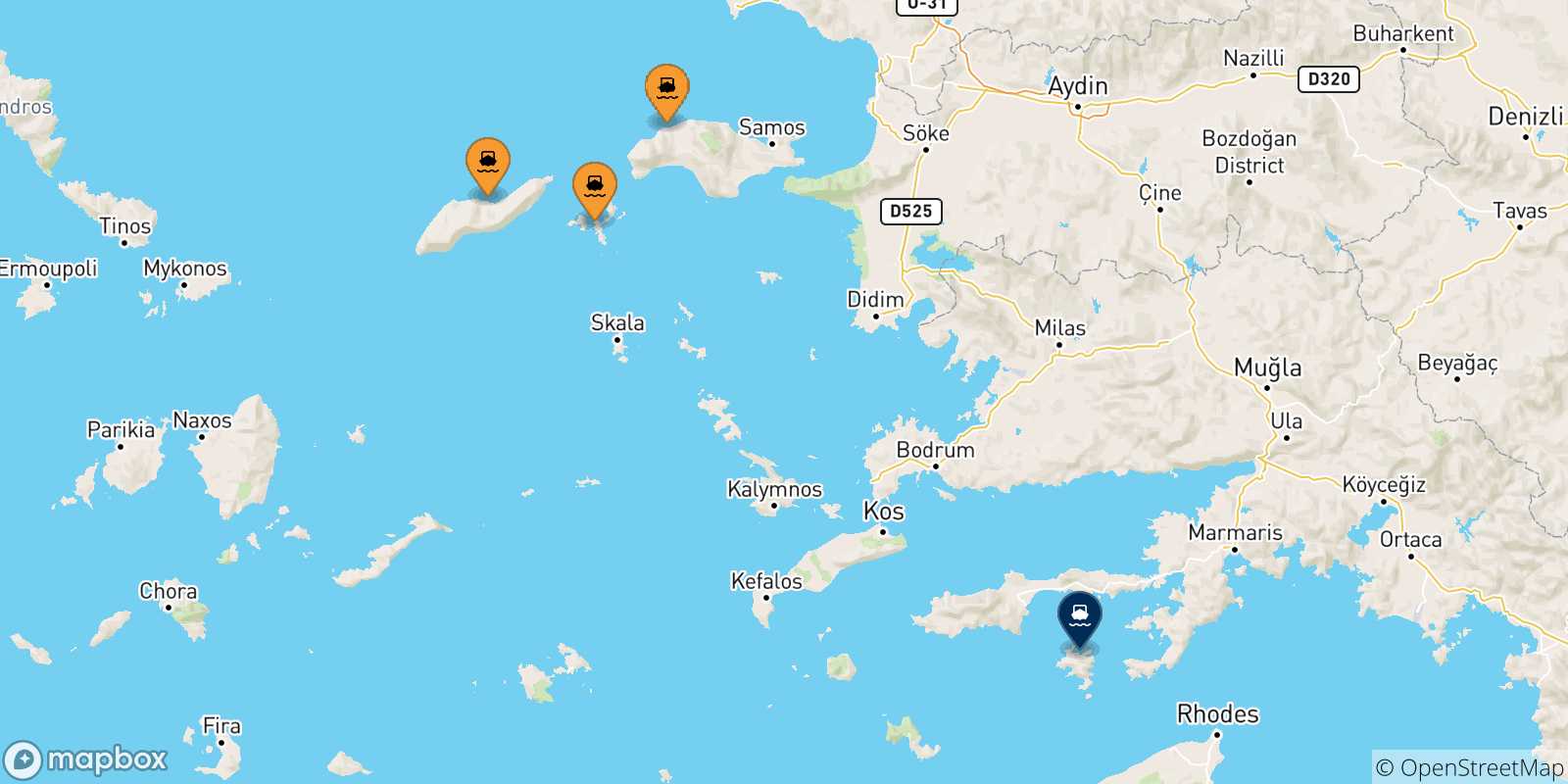 Carte des traversées possibles entre les Îles Égéennes et Symi