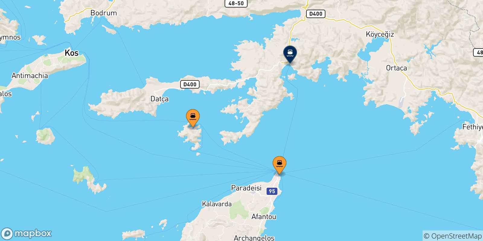 Carte des traversées possibles entre Îles Du Dodécanèse et Marmaris