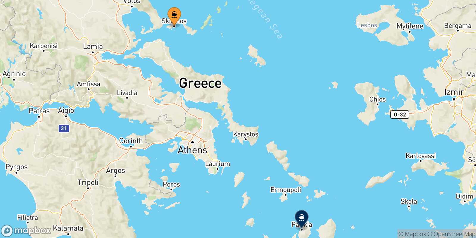 Carte des traverséesSkiathos Paros