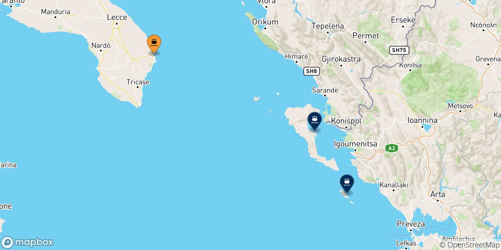Carte des traversées possibles entre Otrante et la Grèce