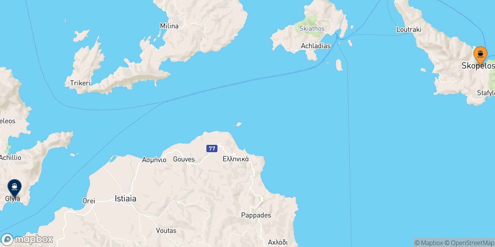 Carte des traverséesGlossa (Skopelos) Glyfa