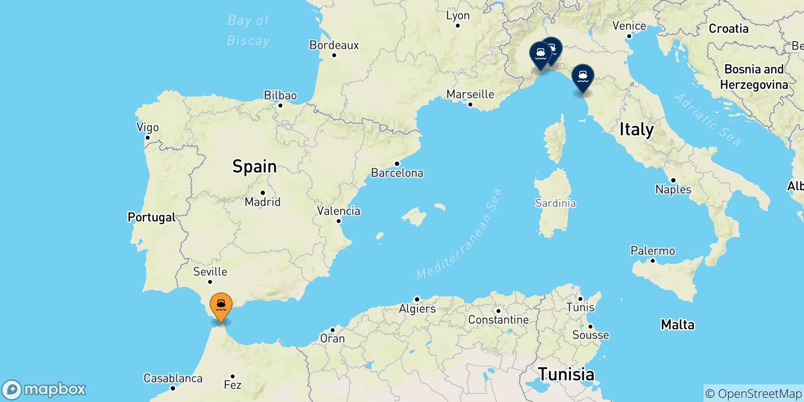 Carte des traversées possibles entre le Maroc et l'Italie