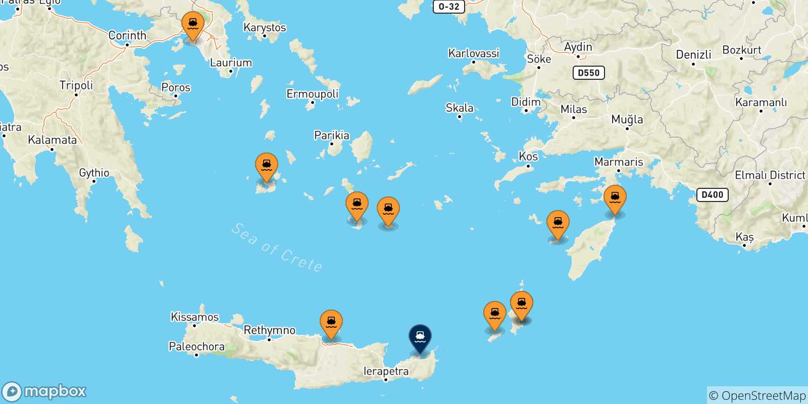 Carte des traversées possibles entre la Grèce et Sitia