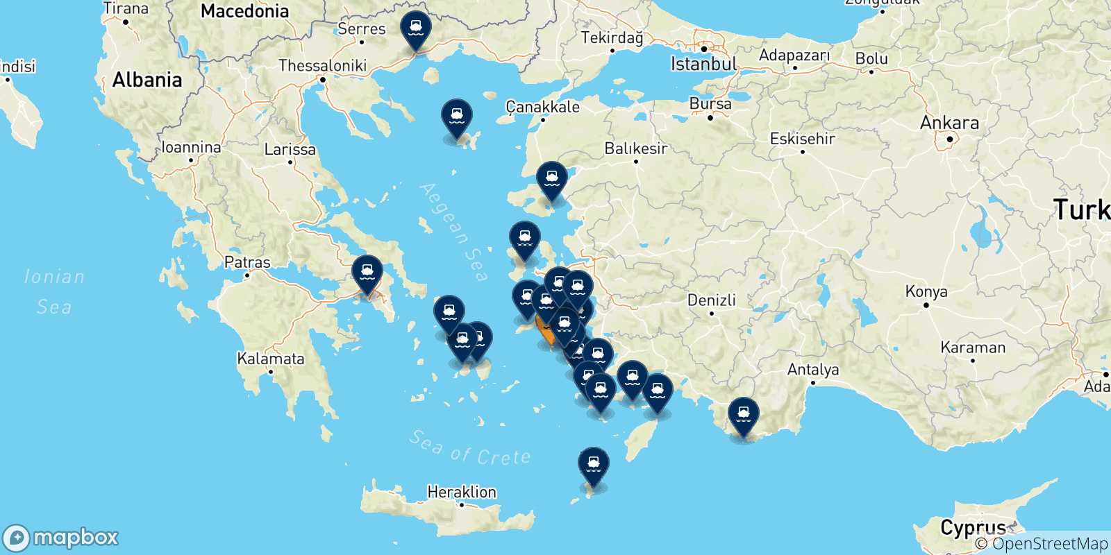Carte des traversées possibles entre Patmos et la Grèce