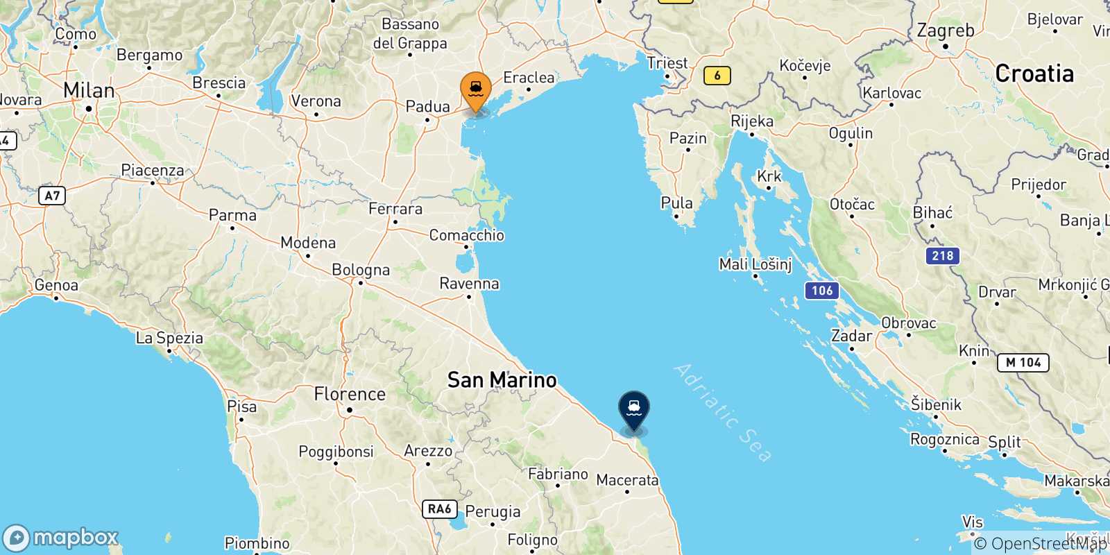 Carte des traversées possibles entre Venise et l'Italie