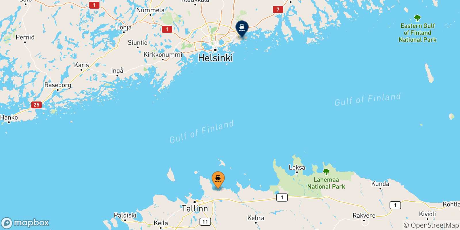 Carte des traversées possibles entre l'Estonie et Vuosaari