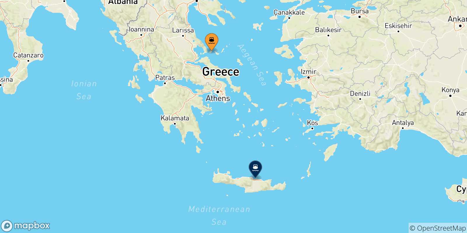 Carte des traversées possibles entre Skiathos et la Crète