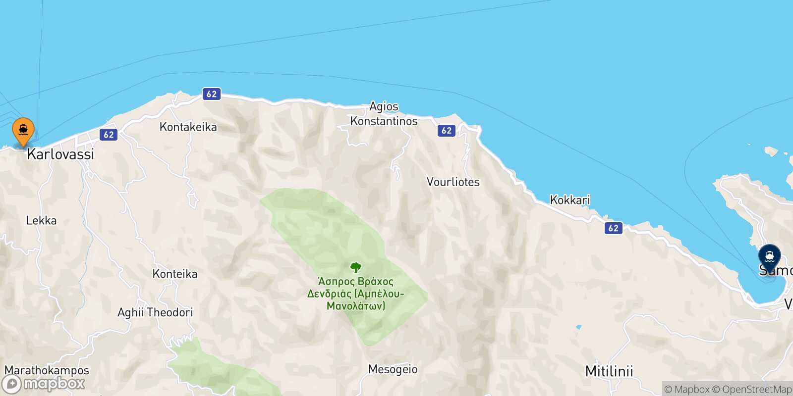Carte des traverséesKarlovassi (Samos) Vathi (Samos)