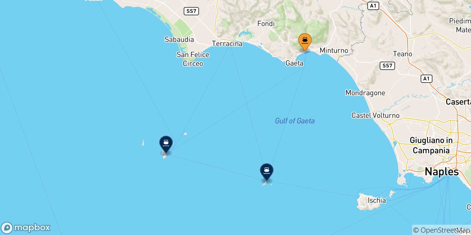Carte des traversées possibles entre Formia et l'Italie