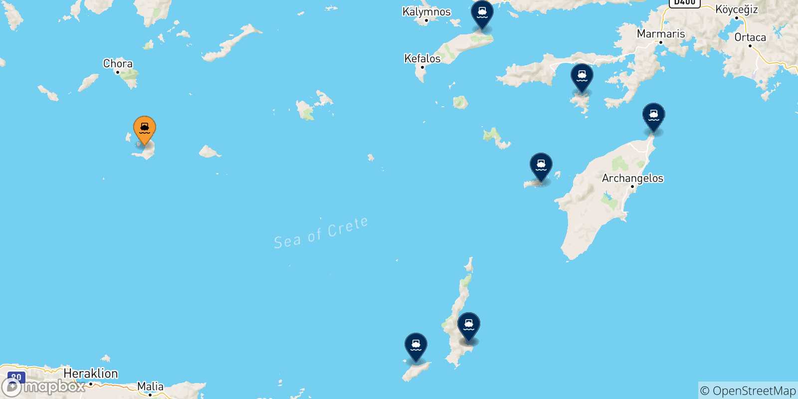 Carte des traversées possibles entre Thera (Santorin) et Îles Du Dodécanèse