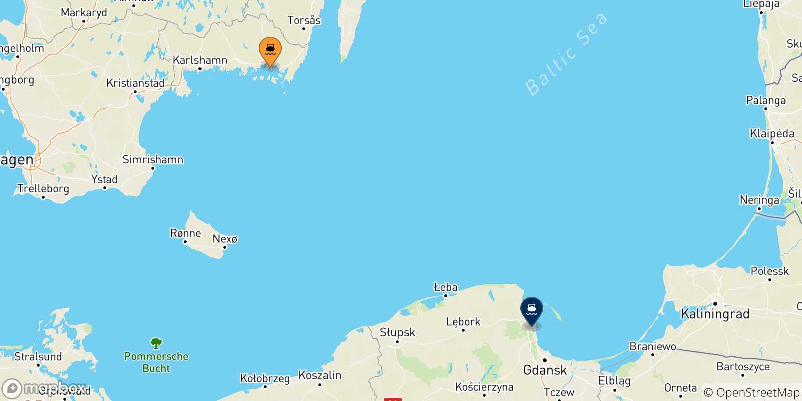 Carte des traversées possibles entre la Suède et Gdynia