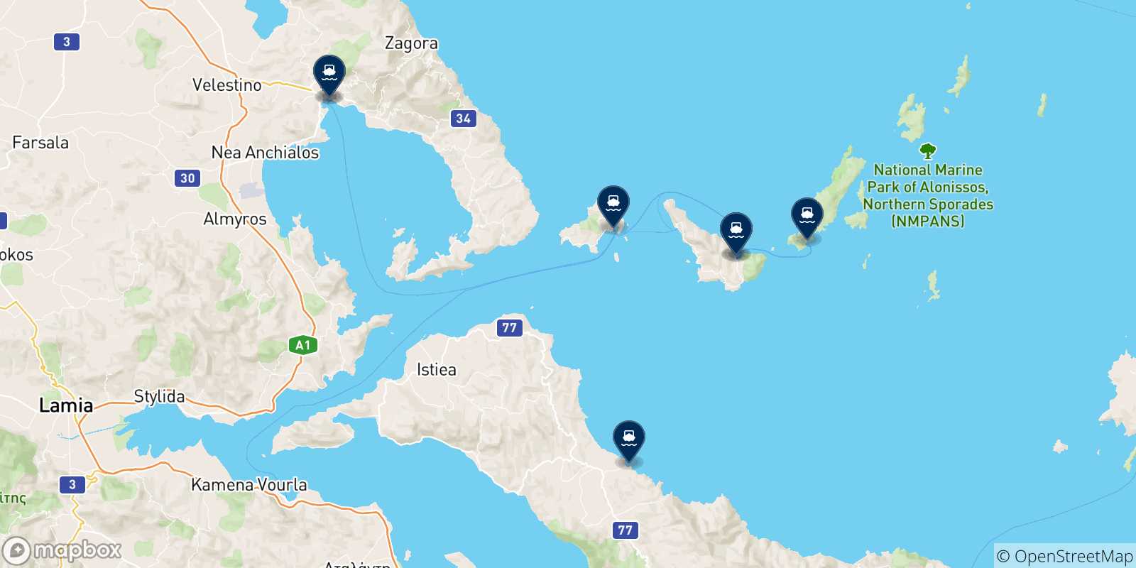 Carte des traversées possibles entre Volos et la Grèce
