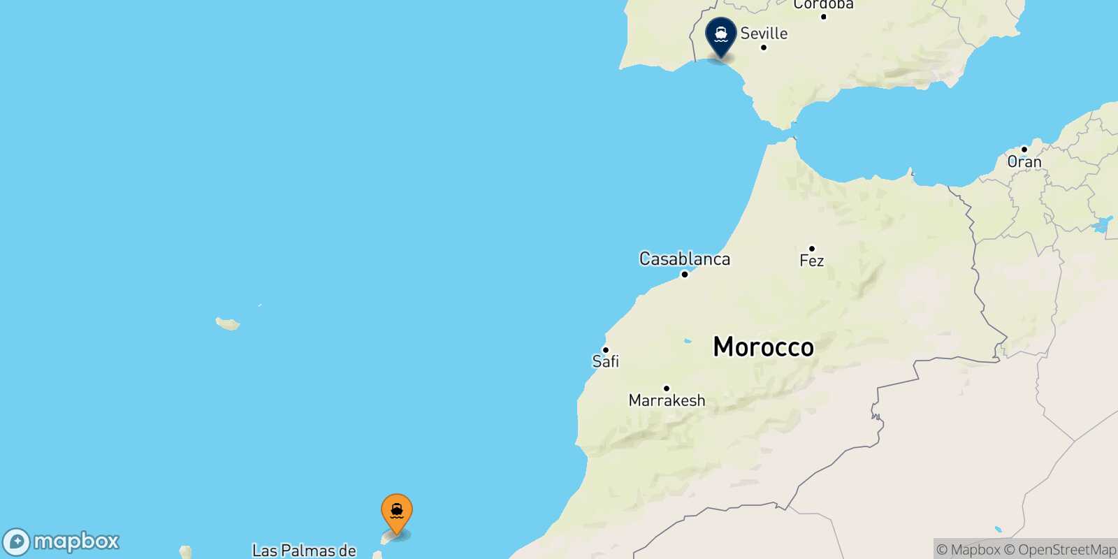 Carte des traverséesArrecife (Lanzarote) Huelva