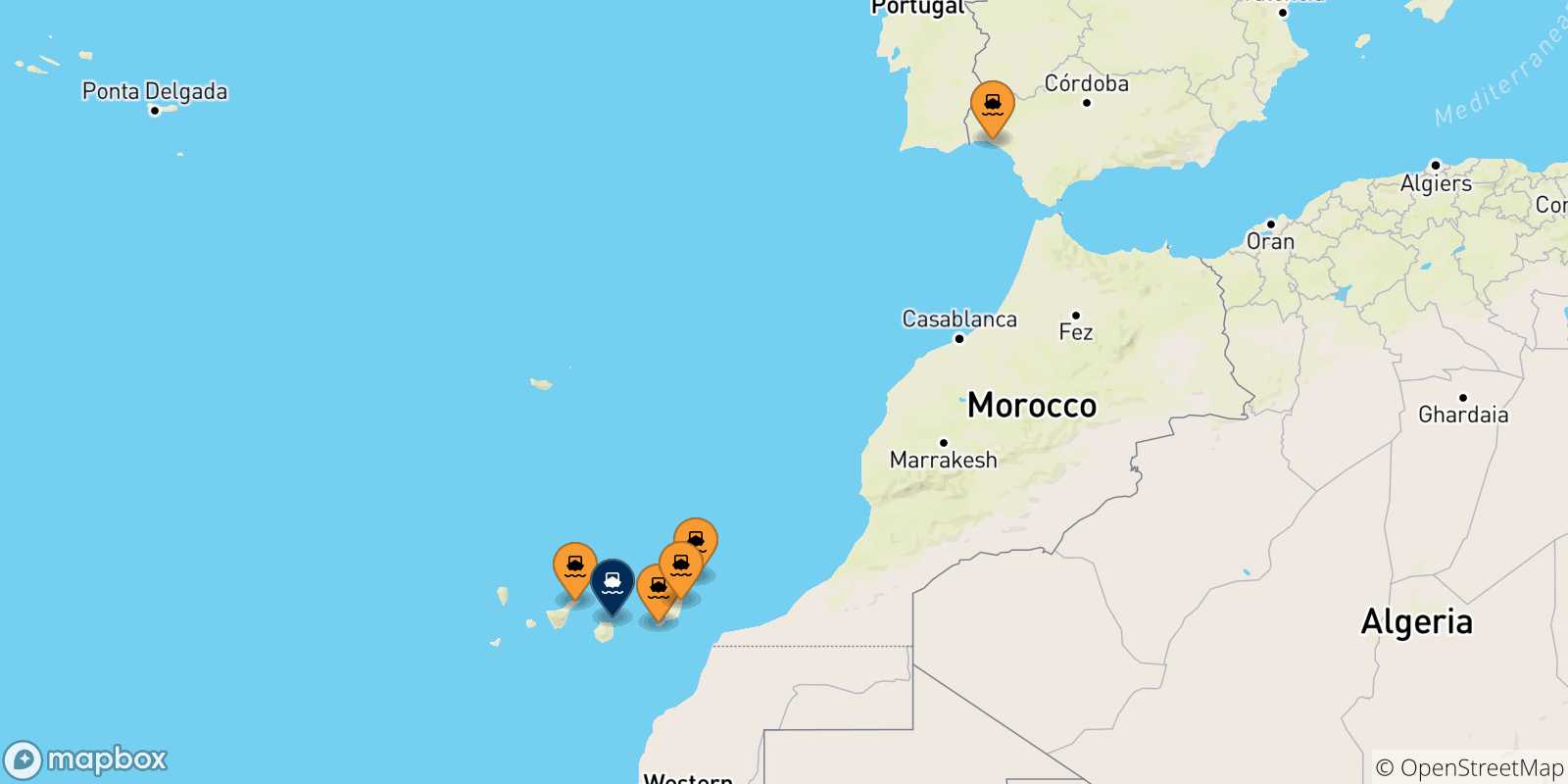Carte des traversées possibles entre l'Espagne et Las Palmas De Gran Canaria