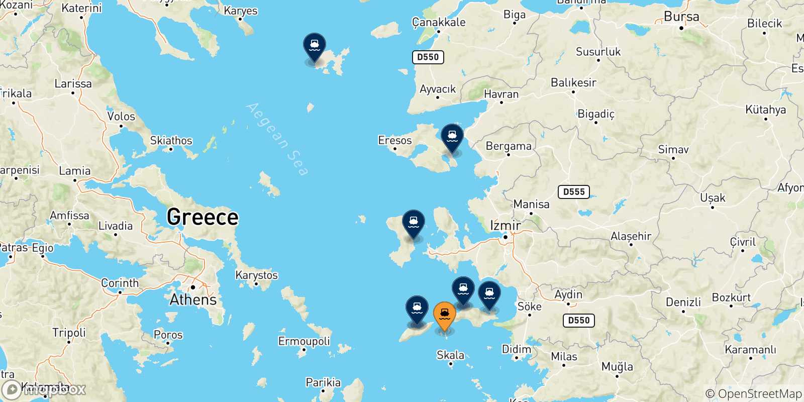 Carte des traversées possibles entre Fourni et les Îles Égéennes