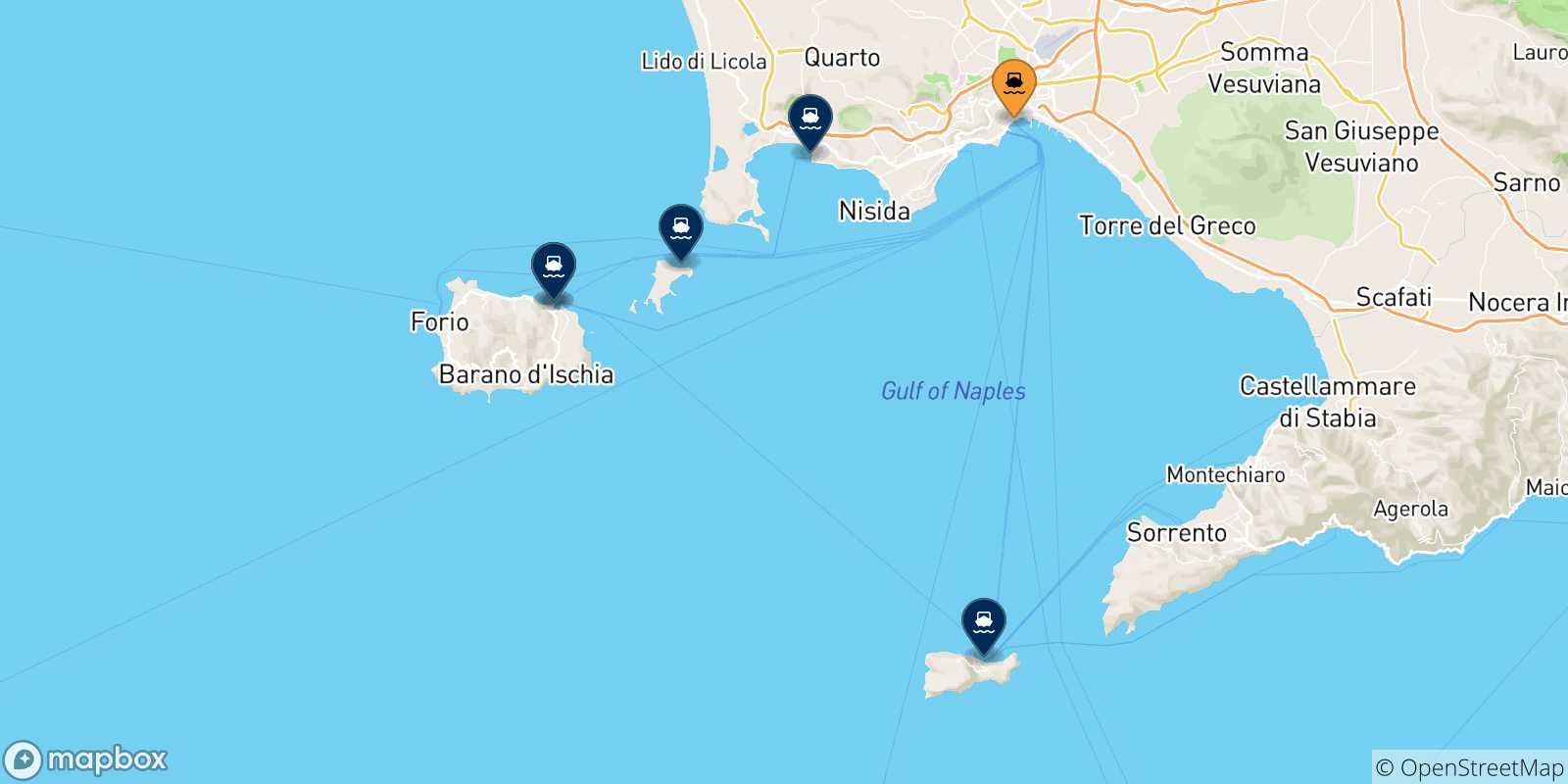 Carte des traversées possibles entre Naples Beverello et le Golf De Naples