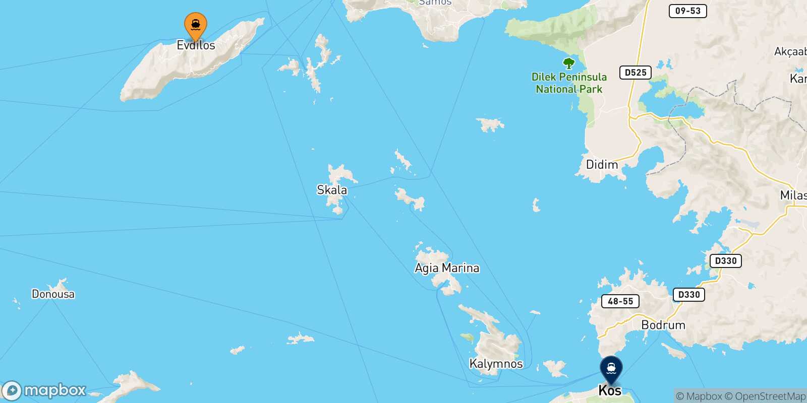 Carte des traverséesEvdilos (Ikaria) Kos