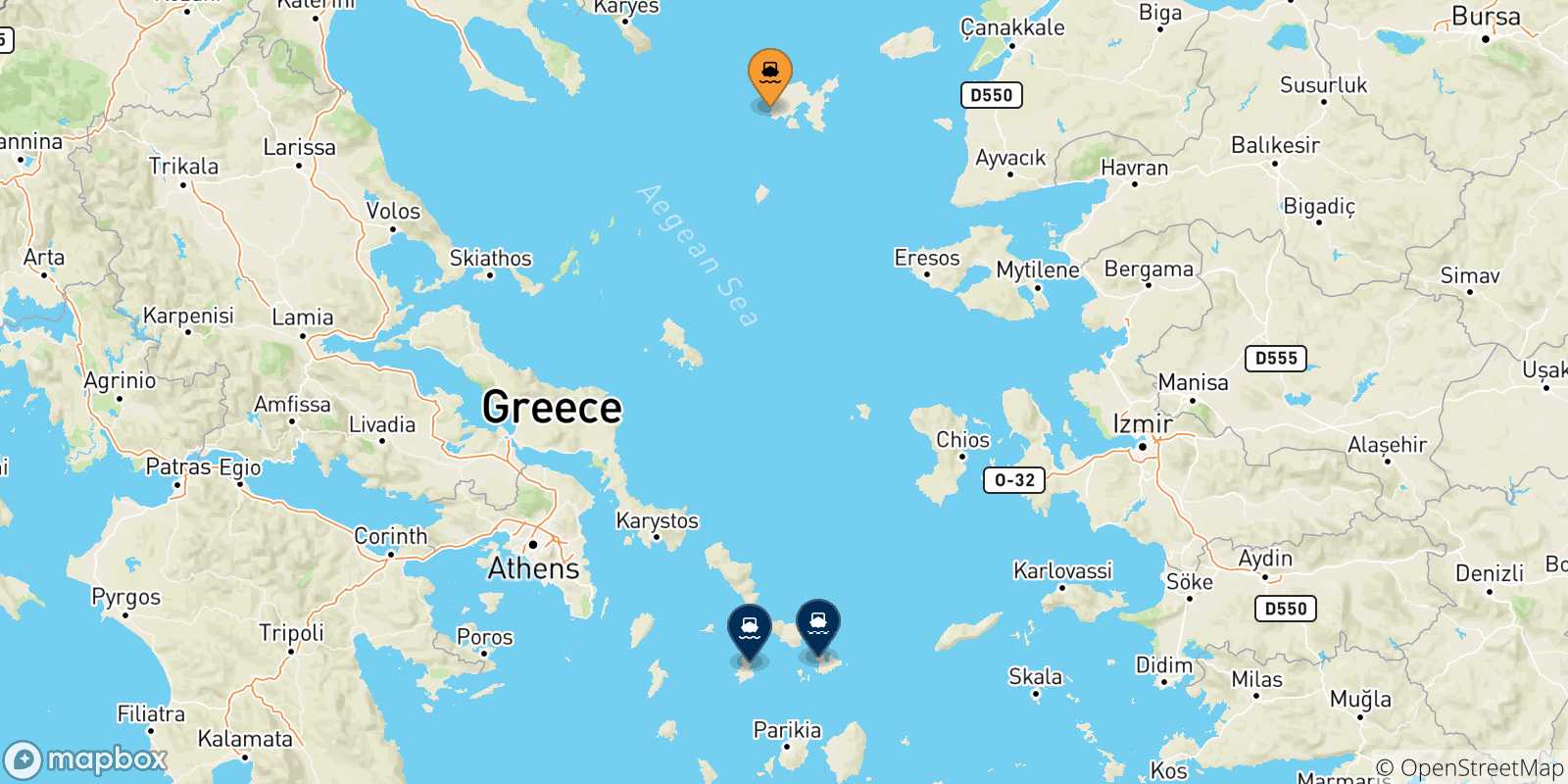 Carte des traversées possibles entre Myrina (Limnos) et Îles Des Cyclades