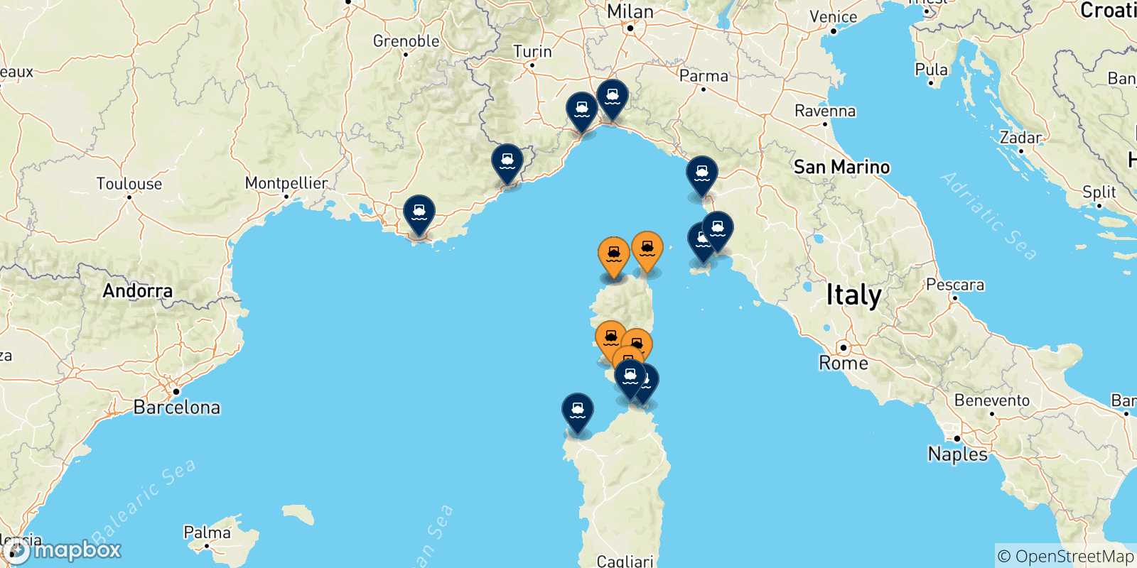 Carte des destinations de la Corse
